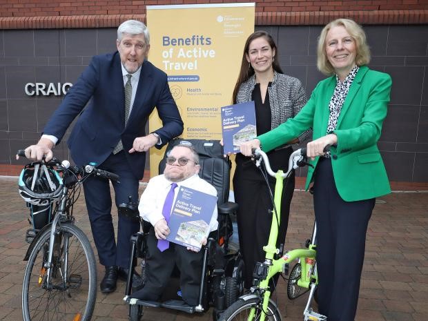 Infrastructure Minister John O’Dowd has launched a public consultation on the Active Travel Delivery Plan.  The Minister is pictured with (left to right) Dermot Devlin, Inclusive Mobility and Transport Advisory Committee, Shelley Bontje, Dutch Cycling Embassy and Sue Percy, Chief Executive of the Chartered Institution of Highways and Transportation.